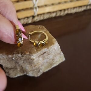 Gold and brown Crescent Earrings with Gemstone Accent